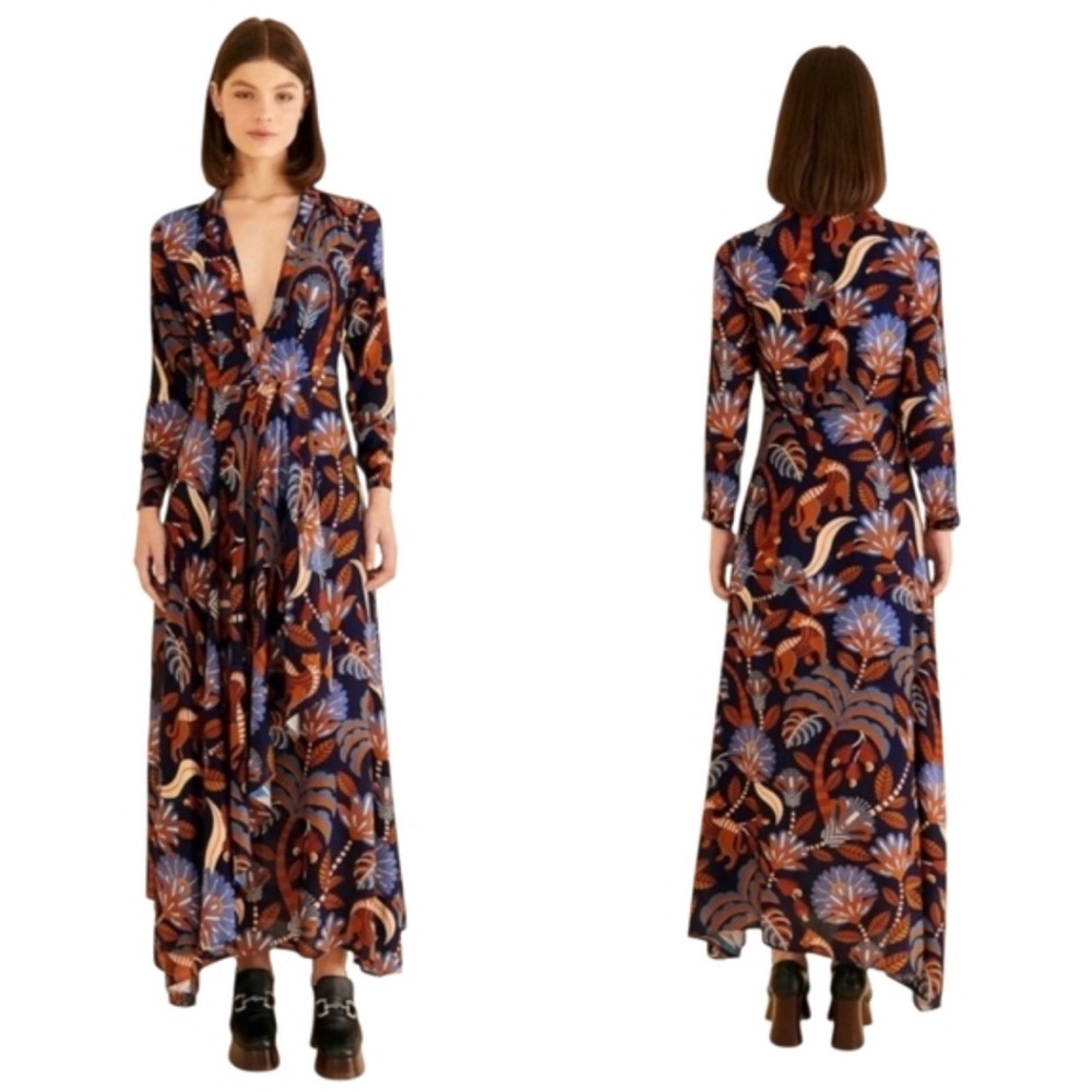 NWT FARM RIO Nature Beauty Long Sleeve V-neck Maxi Dress Nature Beauty Blue